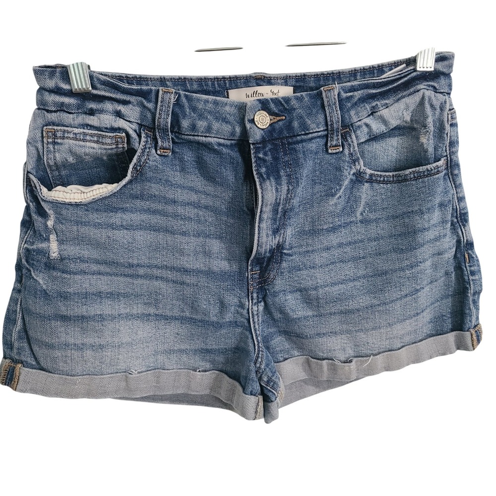 Willow + Root Blue Mom Fit Distressed Denim Shorts Cuffed High Rise Large